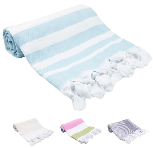 ZOLLNER Strandtuch - hautfreundliches und weiches Hamamtuch in 90x170 cm - waschbar bis 60°C - Baumwolle - sommerliches Design mit hellblauen Streifen - Oeko Tex® Zertifiziert