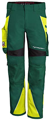 Grizzlyskin Bundhose Grün/Warngelb L42 - Unisex Workwear Arbeitshose für Männer und Damen mit vielen Taschen, Cordura-Schutzhose