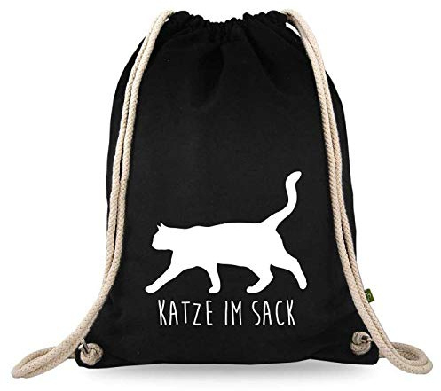 Turnbeutelliebe® Turnbeutel mit Spruch - Katze im Sack - Baumwolle schwarz - Sportbeutel - Rucksack - Stoffbeutel - Bag - ca. 12 Liter - 37 x 46 cm