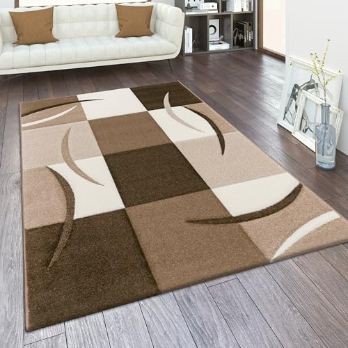 Paco Home Teppich Wohnzimmer Kurzflor Schlafzimmer Modern Geometrisches Muster Kariert Meliert, Grösse:300x400 cm, Farbe:Braun