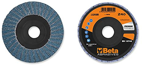 BETA 11202B - Dischi lamellari abrasivi per smiragliatrice con Tela abrasiva allo zirconio con Lamella Doppia e Supporto in plastica, 10 unità, Diametro 125 mm, Spessore 40 mm e Foro da 22,23 mm