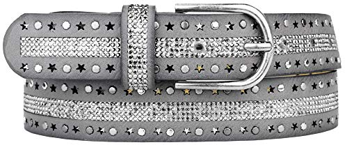 Zakatte • Damen Nietengürtel aus Kunstleder mit Strass und Sterne BS035 (95 cm, Grau)