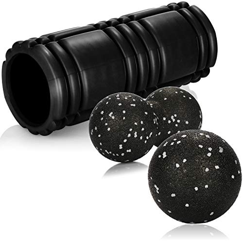 COM-FOUR® 3-teiliges Massage-Set, Massageball, Doppelball & Faszienroller - Selbstmassage, Durchblutungsförderung und Entspannung nach Arbeit, Fitness, Yoga, Training & Sport