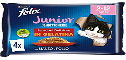 FELIX Le Ghiottonerie Junior - Cibo Umido Gattino 2-12 Mesi, Bocconcini in Gelatina con Manzo e Pollo. 48 Buste da 85 g