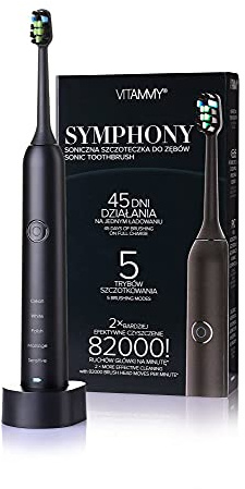 VITAMMY Symphony Black Zahnbürste mit komfortablem Gehäuse | schwarz | fünf Bürstmodi | bis zu 82.000 Bewegungen pro Minute | induktives USB Ladegerät