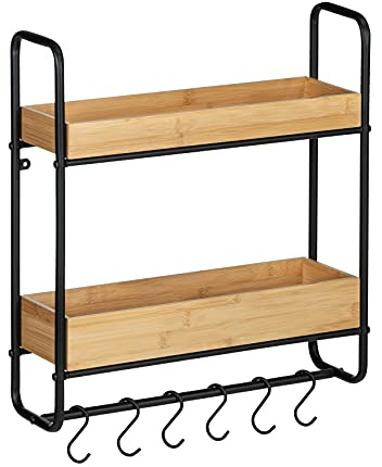 WENKO Wandregal Loft 2 Etagen, Cooles Industrial-Design Regal mit 2 nachhaltigen Bambusböden/stabilem Metall-Rahmen, für Küche, Bad & Co. mit Reling und 6 Haken, 48 x 52 x 15 cm, Schwarz matt/Natur
