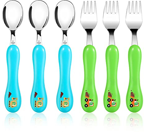 Lehoo Castle Couverts Enfant INOX 6 PCS, Ensemble de Couverts pour Bebe 3 x Fourchettes, 3 x Cuillères, Set Couvert Bebe pour Garçons Filles(Bulldozers)