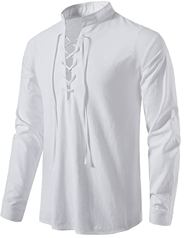 MakingDa Men's Renaissance Costumes Cotton Retro LARP Lace Up Long Sleeve Shirts Tops for Pirate Viking Medieval Halloween Steampunk Gothic Clothing-A275-White-M
