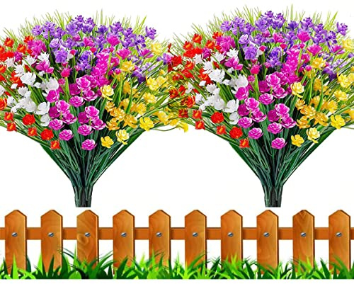 HBell 10Pcs Artificial Flowers Outdoor Decorations, Greenery Shrubs Plants Artificial Plastic Flowers UV Resistant No Fade Fake Flower Indoor Outside Hanging Plants Home Garden Porch Decor (Multi)