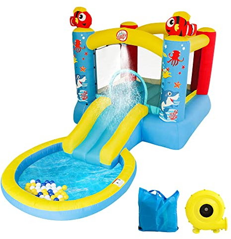LuckyJump Hüpfburg Outdoor mit Gebläse, mit auffangbecken Wasserrutsche, bietet Platz für 1-3 Kinder, Meeres Thema hüpfburg, (380x213x187cm) (Wasserrutsche)