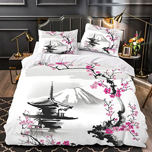 Woowin Parure De Lit 200x200 Pagode Branches Sakura 2 Personnes 3D Motif Style Oriental Housse Couette Douce Microfibre avec Fermeture Éclair Literie 3 Pcs Enfant Garcon Taies d'oreiller 50x75cm