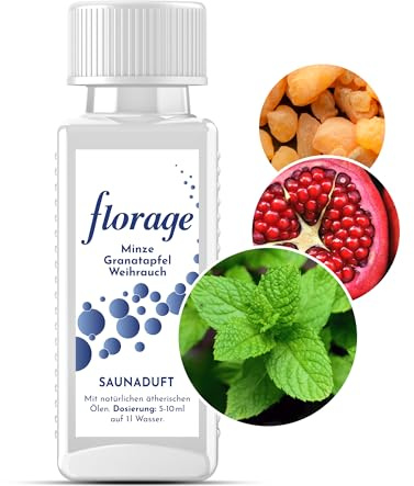Florage 100ml Saunaaufguss MINZE GRANATAPFEL WEIHRAUCH - 50 Jahre Erfahrung als deutsche Duftmanufaktur, hochergiebiges Aufgussmittel für die Sauna, viele Aufguss Düfte, vegan und ohne Tierversuche