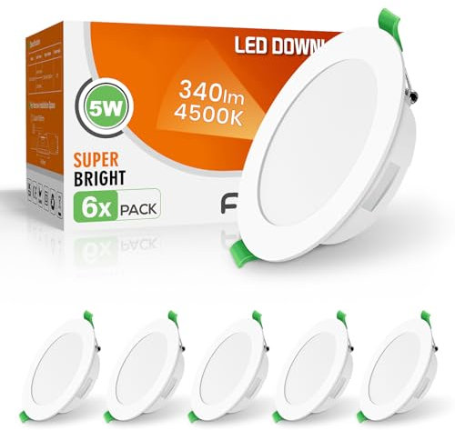 ALUSSO LED Spotlights Ceiling Lights 5W, Neutral White 4500K LED Downlights Recessed Ceiling Lights, Ultra Slim Cut Φ75-85MM, Beam Angle 120° Round Ceiling IP44 for Bathroom Bedroom Kitchen, 6 Pack