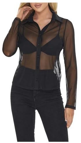 GORGLITTER Women's Sheer Long Sleeve Tops Shirt Dressy Casual Fall See Through Button Up Fall Work Teacher Blouses 2025 Mesh Black Large