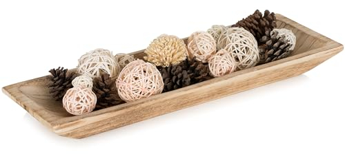 Hanobe Decorative Wood Dough Bowl: Large Long Wooden Centerpiece Table Decorations Natural Candle Holder Tray Decor Rustic Unfinished Centerpieces for Dining Room Kitchen Fruit Bowls, Burnt