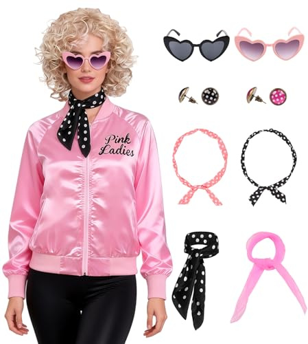 Miulruma Pink Ladies A019XL - Conjunto de disfraz para mujer, chaqueta rosa de satén con leggings negros, gafas, pendientes, Halloween, carnaval, fiesta