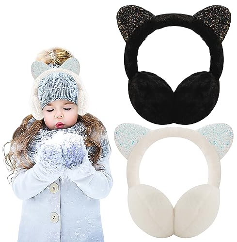 Forreen Ohrenschützer für Mädchen, 2 Stück Ohrenwärmer Plüsch Süße KatzeÖhrche Einstellbar Earmuffs Weich Kältebeständig Ohrwärmer für Außenbereich, Warm, Winter