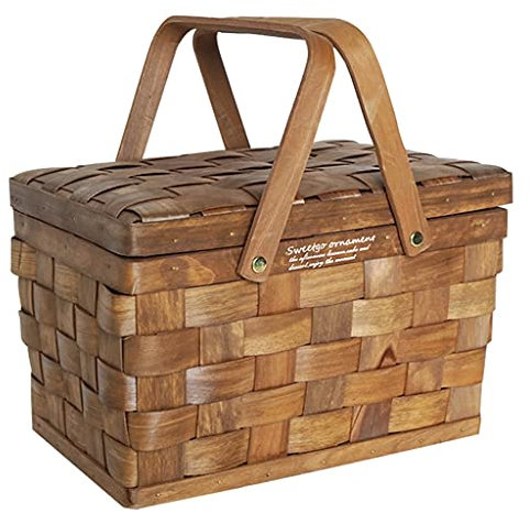 Cestino da picnic intrecciato Campeggio all'aperto Cestino con manico rigido a due manici con coperchio Cucina Panetteria Espositore per pane Oggetti di scena per matrimoni (Color : Brown, Size : 27 *