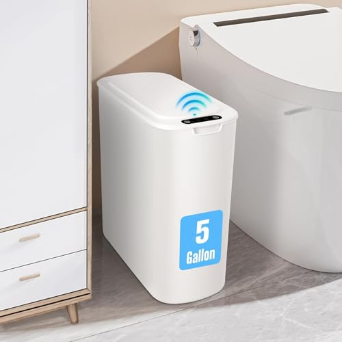Cesun Motion Sensor Trash Can, 5 Gallon Automatic Bathroom Garbage Can with Lid, Touchless Smart Plastic Slim Wastebasket for Bathroom, Office, rv, Bedroom, Living Room, White