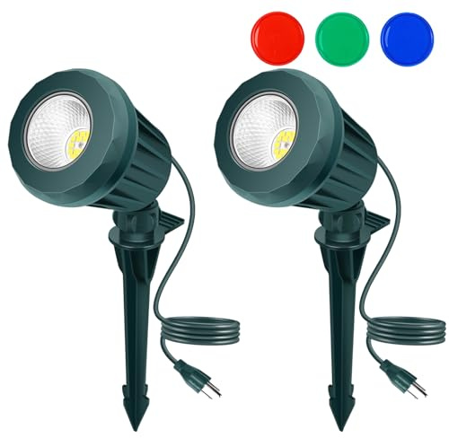 Holeva Spotlight Outdoor – 120V Plug-in, 2700K Warm White LED Landscape Spot Lights with RGB 3 Lenses for Yard, Garden, Lawn&Tree Decor, IP67 Waterproof, Perfect for Holidays&Everyday (2 Pack, Green)