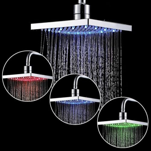 Redlution LED Square Overhead Shower-Head Energy Saving Water Temperature Sensor Controlled 3 Color-Changing Bathroom LED Shower Head,8 inches