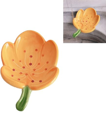 Fiore Porta Saponetta Carino, Portasapone Bagno, Porta Sapone Solido Creativo, Porta Saponetta Ceramica, Portasapone Drenante (Tulipano, Arancione)