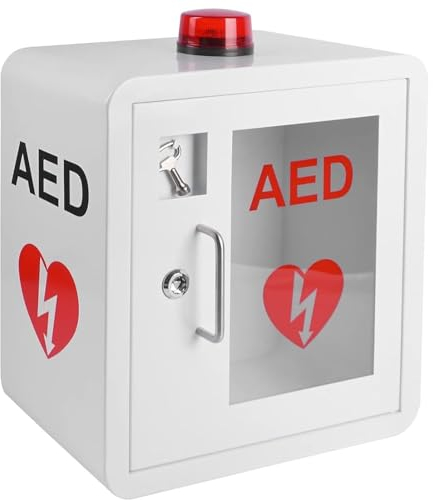 Cambos AED-Defibrillator-Aufbewahrungsschrank, Wandmontierter Herz-Defibrillations-Alarmkasten Aus Stahl Mit Schlüssel, Erste-Hilfe-Koffer für Die Meisten AED-Modelle