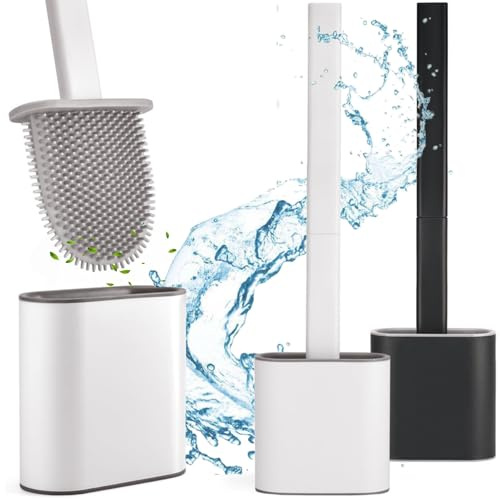 Klobürste Silikon - Toilettenbürste mit Halter - WC Bürste Wandmontage ohne Bohren - Toilettenbürstenhalter Stehend - Klobürstenhalter Kleben - WC Bürstengarnitur Wand (Weiß)