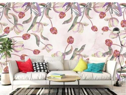Fototapete Blumen 3D Tapeten 3D Effekt Wohnzimmer Schlafzimmer Vliestapete Frische Handgemalte Tulpenblüten Natur Grau Graffiti Steinoptik Kinder Tapeten