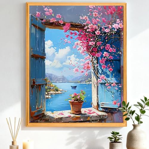CEOVR Pintar por Numeros Personalizado Paisaje,Pintura por Números para Principiantes,Flores Paint by Numbers Adult para con Pinceles,DIY Mar Manualidades Adultos Kits 40x50 cm,Sin marco