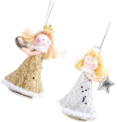 FUNOMOCYA 2stücke Kettenanhänger Weihnachtsengel mit Herz und Pentagramm für Weihnachtsbaum Dekoration Schlafzimmer Wohnzimmer Wand Aufhängen Anhänger für Party Gold Silber