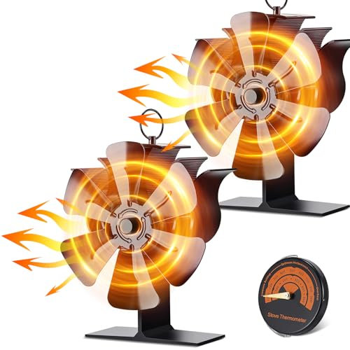 Viitech 2 Pcs Stove Fan 6-Blades, Silent Log Burner Fans Wood Stove Fan with Thermometer, Wood Burner Stoves Fans for Increased Efficient