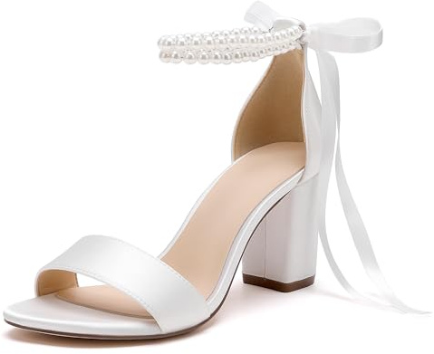 HKMFLYY Chaussures de mariage à bout ouvert avec perles pour femme - Sandales à talons hauts en satin - Sangle de cheville - Pour bal de fin d'année, soirée, ivoire, 39.5 EU