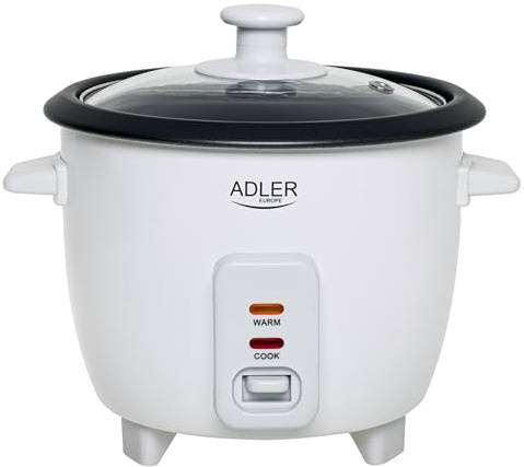 ADLER EUROPE Arrocera 0,6 litros, función de mantenimiento del calor, olla antiadherente, cuchara de arroz y vaso medidor, tapa de cristal