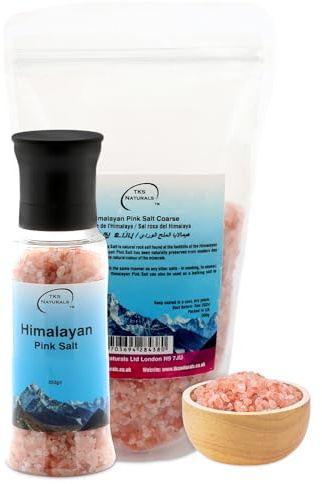 TKS Pure Himalayan Pink Salt - Natural & Unrefined Pink Himalayas Salt, 80+ Minerals, Suitable for Seasoning & Cooking, Available in Refillable Jar, Grinder, & Convenient Pouch | 500g +350g
