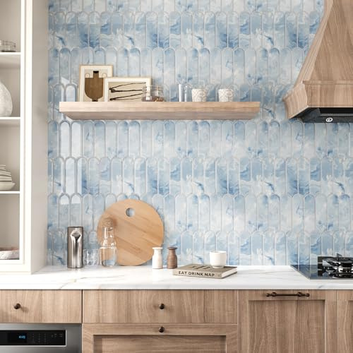 VEELIKE Tile Stickers Kitchen Soft Blue Fish Scale Adhesive Tiles Bathroom Pack of 6 Marble Tiles Blue Tile Film Bathroom Wall Tiles Self-Adhesive Kitchen Tiles Removable 30.5 cm × 30.5 cm