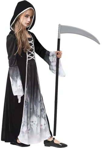 Halloween Costume Morte Bambina - Vestito da Mietitore Scheletro per Ragazza con falce - Costumi Grim Reaper Bambini per Halloween Carnevale Cosplay Festa