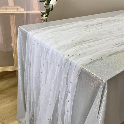 Ueiwffzo Tischläufer Hochzeit mit Glitzernd Perle Spitze Tischband Boho Tischläufer Modern Tischdecke Weihnachten Küche Tisch Party Dekor (Weiß + Gold Perle,150 * 150cm)
