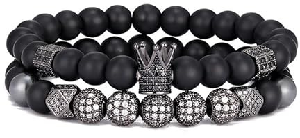 TIMFROZ 8MM Crown King Bracelet for Men Natural Black Matte Onyx Stone Beads Wristband Father's Day Birthday Jewelry Gifts 7.5 Women Charm Bangle Black