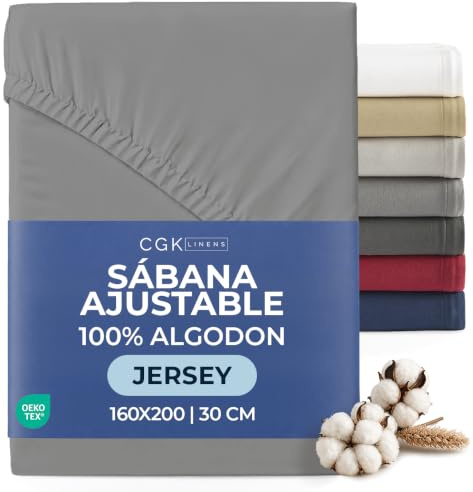 Sábana Bajera Ajustable 160x200 cm Gris Oscuro - 100% Algodón Jersey Suave & Transpirable - Bolsillo 30 cm / 12 - Sin Arrugas, Resistente & Hipoalergénico - Certificado Oeko-Tex Standard 100