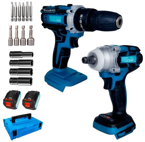 MAKA Kit Professionale Trapano Avvitatore a Percussione 2350 giri/min + Avvitatore Impulsi a Batteria 2400 giri/min, x2 Batterie 88 V Lunga Autonomia, Valigetta Attrezzi con Punte per Avvitare