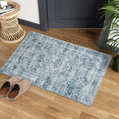 CIBTYHOH Kurzflor Bereich Teppich Wohnzimmer Boho Waschbarer Teppich Schlafzimmer 80 * 150cm Vintage Carpet für Esszimmer Büro(Blau)