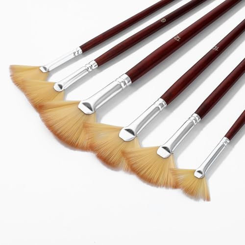 Oruola 6 Pcs Fan Brush for Painting,Oil Fan Brushes with Bristle Natural Hair and Long Wood Handle,Soft Nylon Hair Artists Fans Paint Brushes Art for Acrylic Paint Brush,Oil Painting (2/4/6/8/10/12)