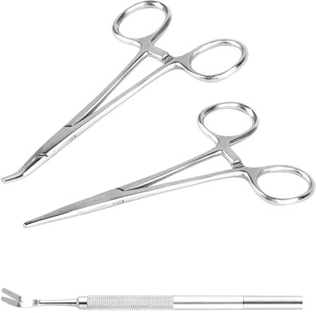 2 Pz Set Pinze Piercing, 12,5 cm Pinzetta per Piercing Autobloccanti, Pinze in Acciaio Inox a Denti di Sega Dritti e Gomito, Pinzette per Toelettatura Animali, Arti e Mestieri + Forchetta per Zecche