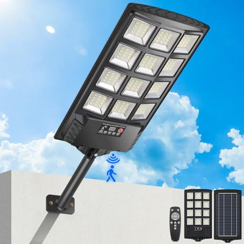 PEAKRO Lampione Solare Led Esterno, IP67 Impermeabile Lampada Stradale Esterno con Sensore di Movimento, 6500K Faro LED Solare con Pannello, Lampioni Solari da Giardino per Garage Strada, 1 Pezzi