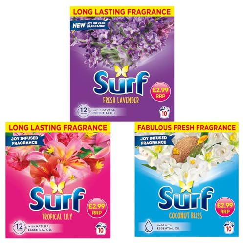 Surf Washing Powder 3-Piece Gift Set, Tropical Lily, Fresh Lavender, Coconut Bliss, 500g Each, 10 Washes per Box, Laundry Detergent Bundle, Long-Lasting Scent, Eco-Friendly