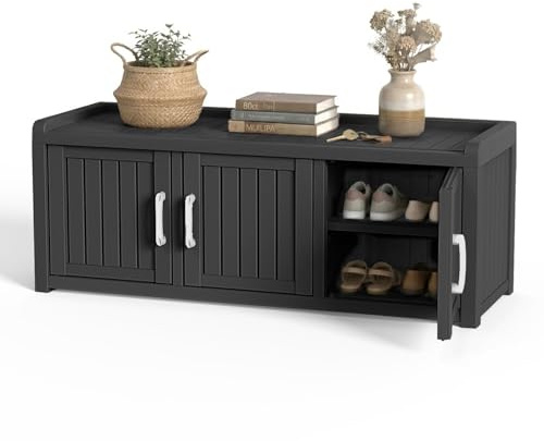DRATO Indoor Outdoor Shoe Storage Cabinet,Waterproof Shoe Cabinet with Adjustable Shelves,Multifunctional Resin Storage Bench for Entryway, Foyer,Hallway(Black 46.85 * 17.32 * 17.91)