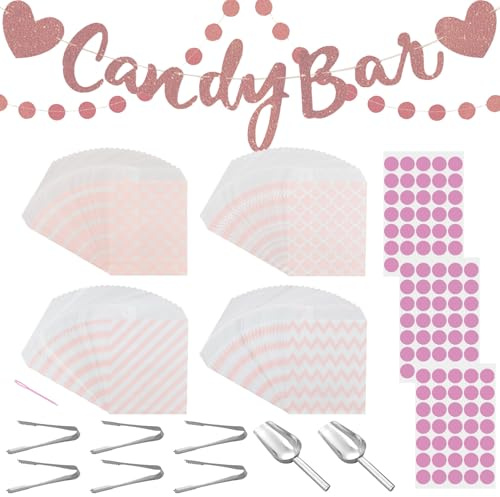 Set di 113 accessori per feste, accessori per candy bar, sacchetti per candy bar, contiene 100 sacchetto, 3 fogli adesivi, 2 ghirlande decorative, 6 pinze per zucchero, 2 porzionatori, per compleanno