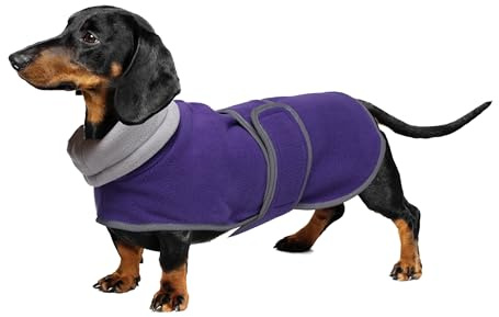 Geyecete -Gemütlich Polarfleece Winter hundemantel fur Dackel,Miniatur Dackel Fleece hundepullover,Hoher Kragen warmes Hundeveste mit Geschirr öffnung,Einstellbar kleine Hundejacke-Lila-S