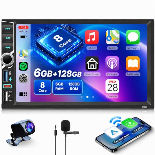 Hodozzy 8 Core 6GB+128GB Android Car Stereo Double Din with Wireless Carplay Android Auto, 7 Inch Touchscreen Car Radio with GPS Navi WIFI DSP Bluetooth Mirror link Radio FM/RDS Type-C/USB+ Camera